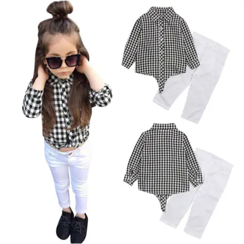 

2Pcs Newborn Toddler Infant Baby Girl Clothes Plaid Long Sleeve Button T-shirt Tops+Suit Pants Fashion Party Outfits Set 2-9Y