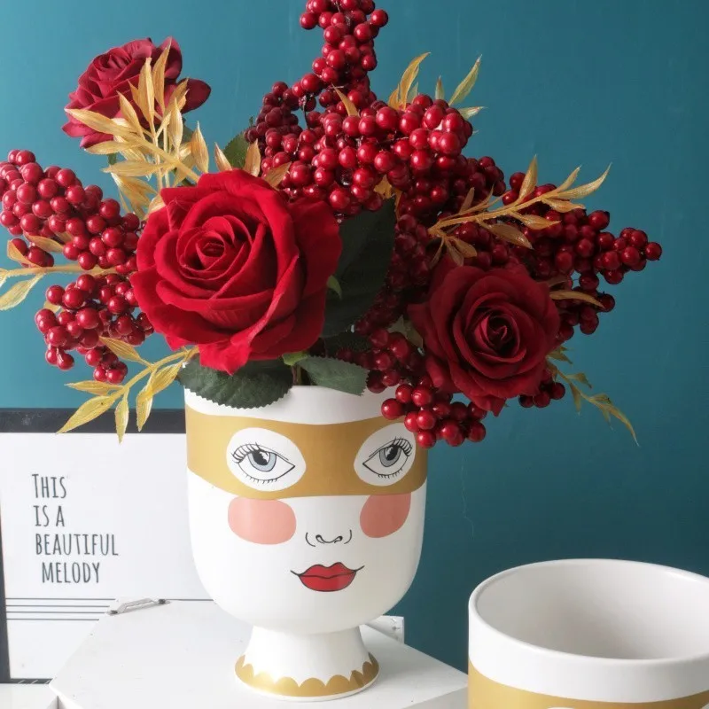 Европейский смайлик двухсторонняя керамическая ваза вазы золотистого цвета для цветов Цветочная композиция вазы для дома декоративные украшения