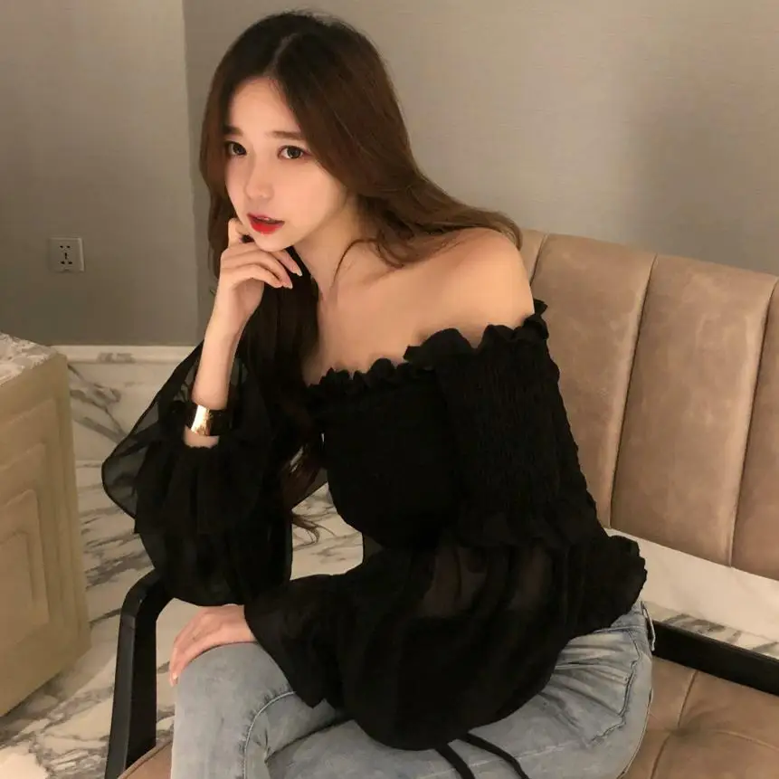 Women Ruffles Slash Neck Long Sleeve Off Shoulder Stretchy Chiffon Shirts Tee Girls Solid Sexy Blouses shirts Tops For Female Women Ruffles Slash Neck Long Sleeve Off Shoulder Stretchy Chiffon Shirts Tee Girls Solid Sexy Blouses shirts Tops For Female