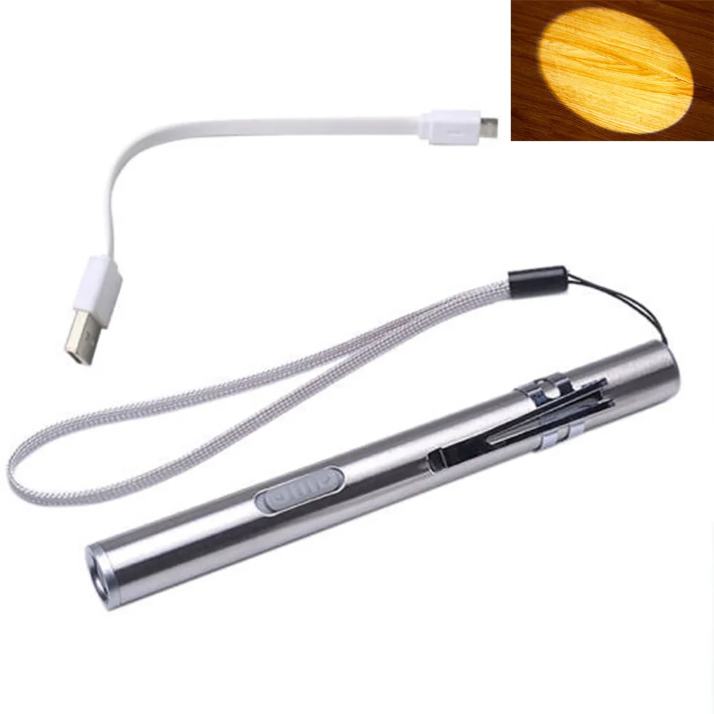 USB Перезаряжаемый светодиодный фонарик из нержавеющей стали, фонарь с зажимом для ручки, визуальный, оральный, портативный, для кемпинга, мини-фонарик#16