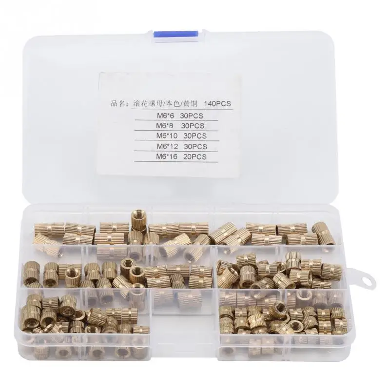 

140pcs/set M6 Nuts Brass Cylinder Knurled Threaded Round Insert Embedded Nuts Screws Fastener Hardware With Box New discount