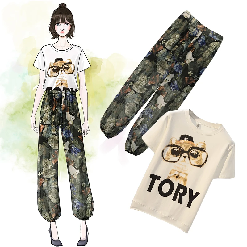 

XL- 5XL 2019 new summer plus size loose cartoon dog print short sleeve pullover + print elastic waist pant women sets O175