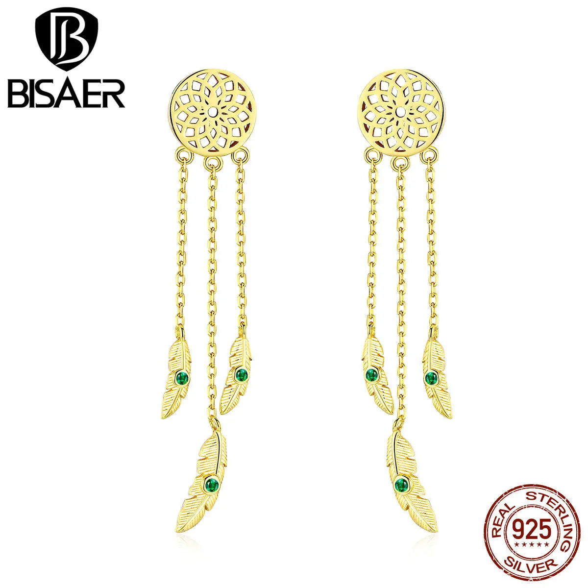 

BISAER New Arrival 925 Sterling Silver Original Golden Dreamcatcher For Women 2019 Fashion Earring Gift Wedding Party HVE053