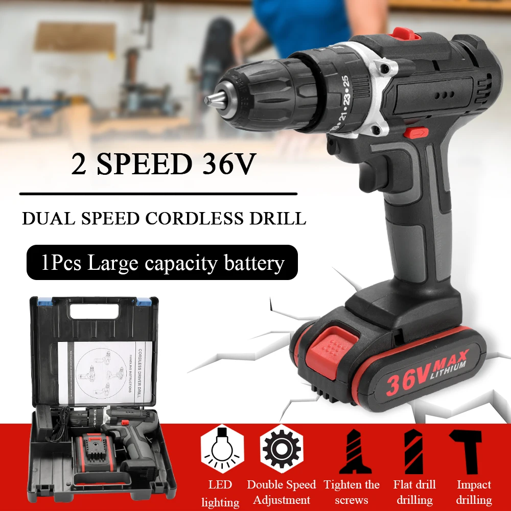 

Meterk 36V Electric Impact Cordless Drill Electric Screwdriver LED lighting 1 Li-ion Battery Rechargeable 2-Speed DIY Power Tool