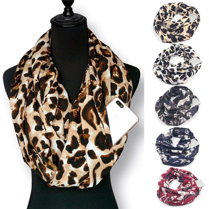 

Women Loop Scarf Convertible Infinity Wrap Hidden Zipper Pocket Warm Travel Scarf 2019 Leopard Printed Couple Scarves 50*180cm