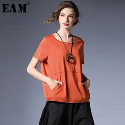 [EAM] 2019 Новый сезон: весна–лето шею короткий рукав карман Разделение совместное Свободные Большой Размеры футболка Для женщин моды прилив