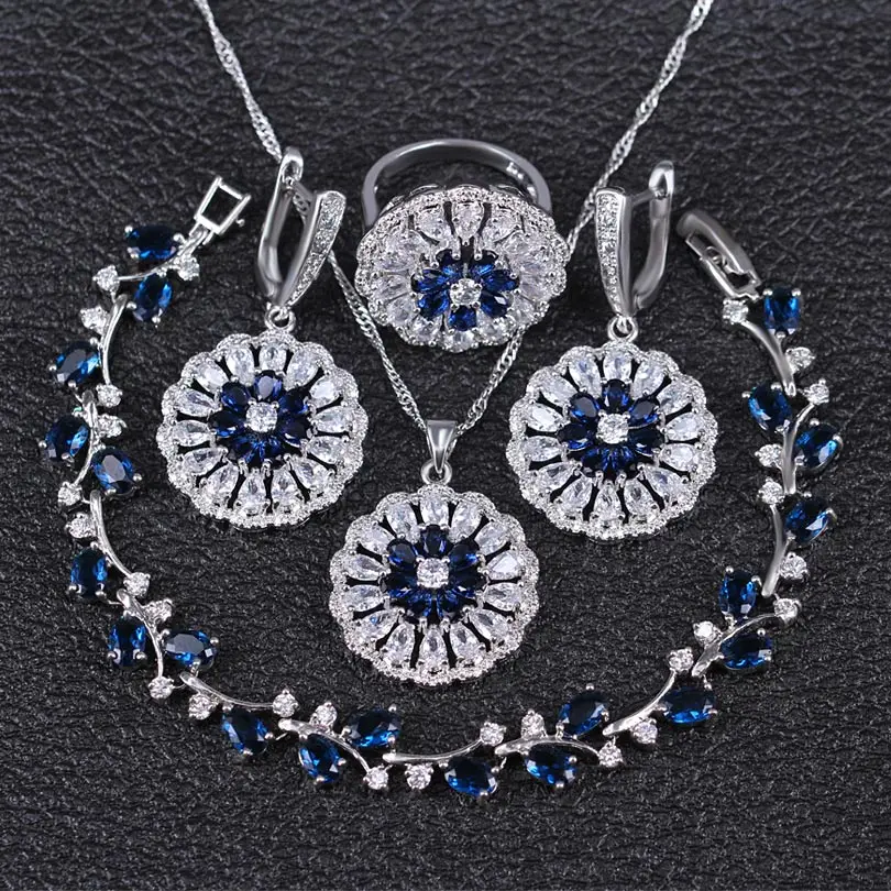 925 Sterling Silver Jewelry Sets For Women Blue Classic Wedding