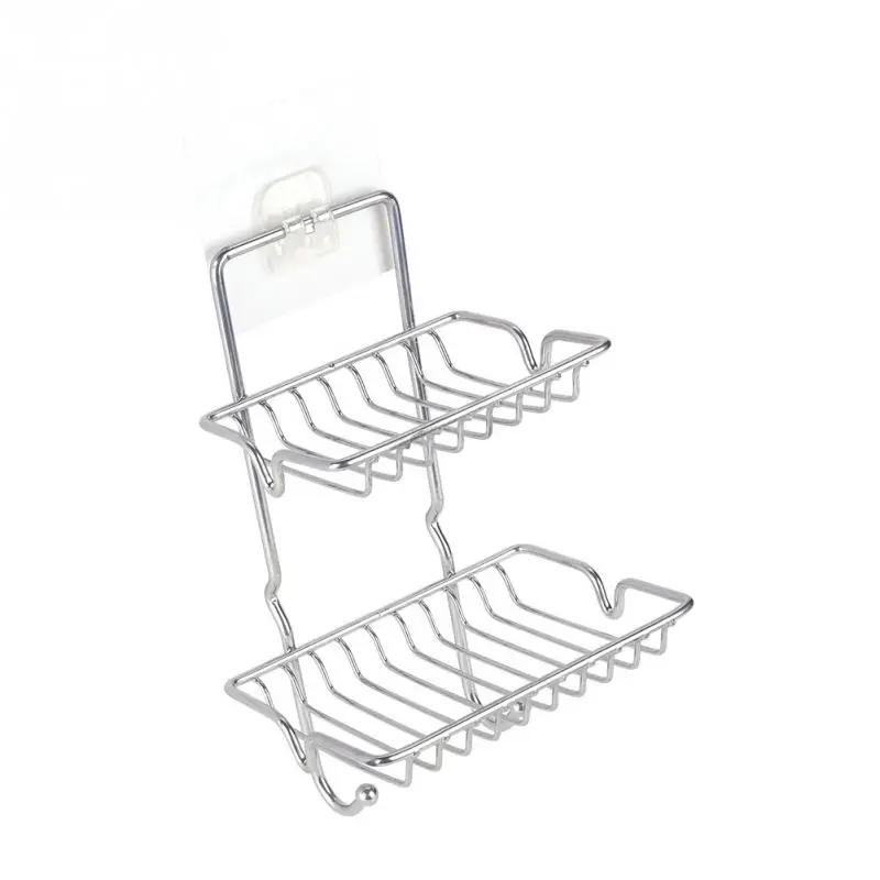 

2-Layer Stainless Steel Soap Rack Dish Holder Soaps Storage Tray w/ Hooks for Bathroom Anti-rust Soap Storage Organizers Rack