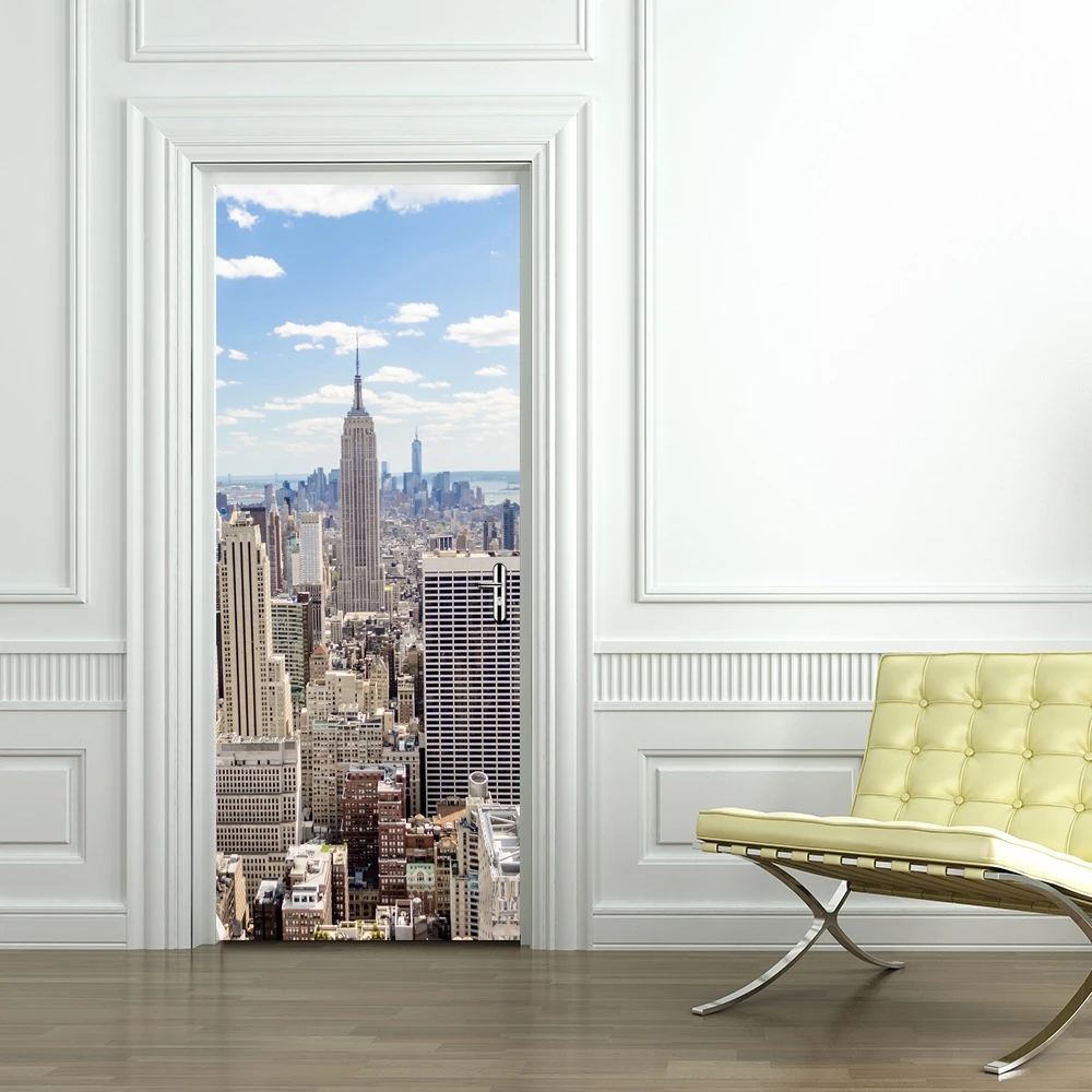 

3D Door Sticker Mural Modern City Skyscraper PVC Stickers Door Self-adhesive Vinyl Removable Art Door Decals 30.3x78.7" DM025