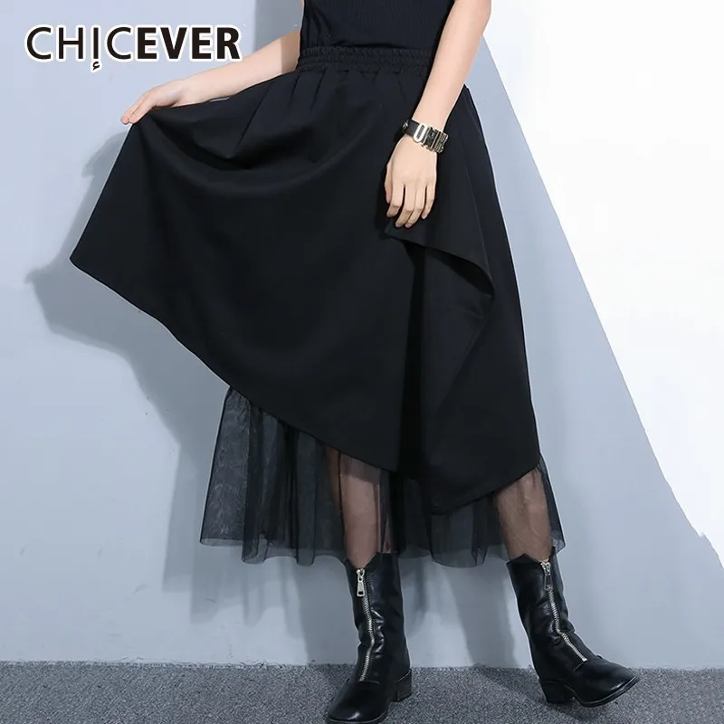 

CHICEVER Patchwork Mesh Women's Skirts Female Elastic High Waist Loose Black Irregular Skirt 2019 Spring Fashion Clothes Tide