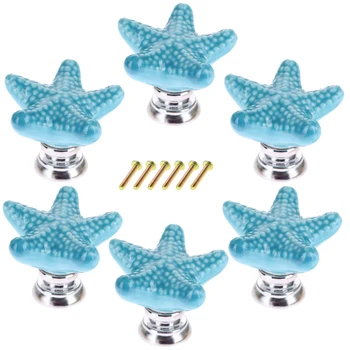 

6pcs Ceramic Starfish Shaped Handle Creative Doorknob For Cabinet Drawer Wardrobe Door Kitchen Cabinet Pulls Hardware - Blue