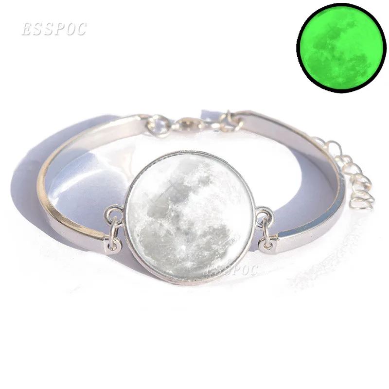 

Glowing Moon Bracelet with Silver Color Glass Cabcohon Galaxy Moon Glow in the Dark Charm Bracelet Bangle for Men Women Gift