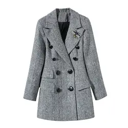 Для женщин блейзер 2019 демисезонный новый бисер пчелы шерсть пиджак двубортный плед Пиджаки для пальто будущих мам Jc2667