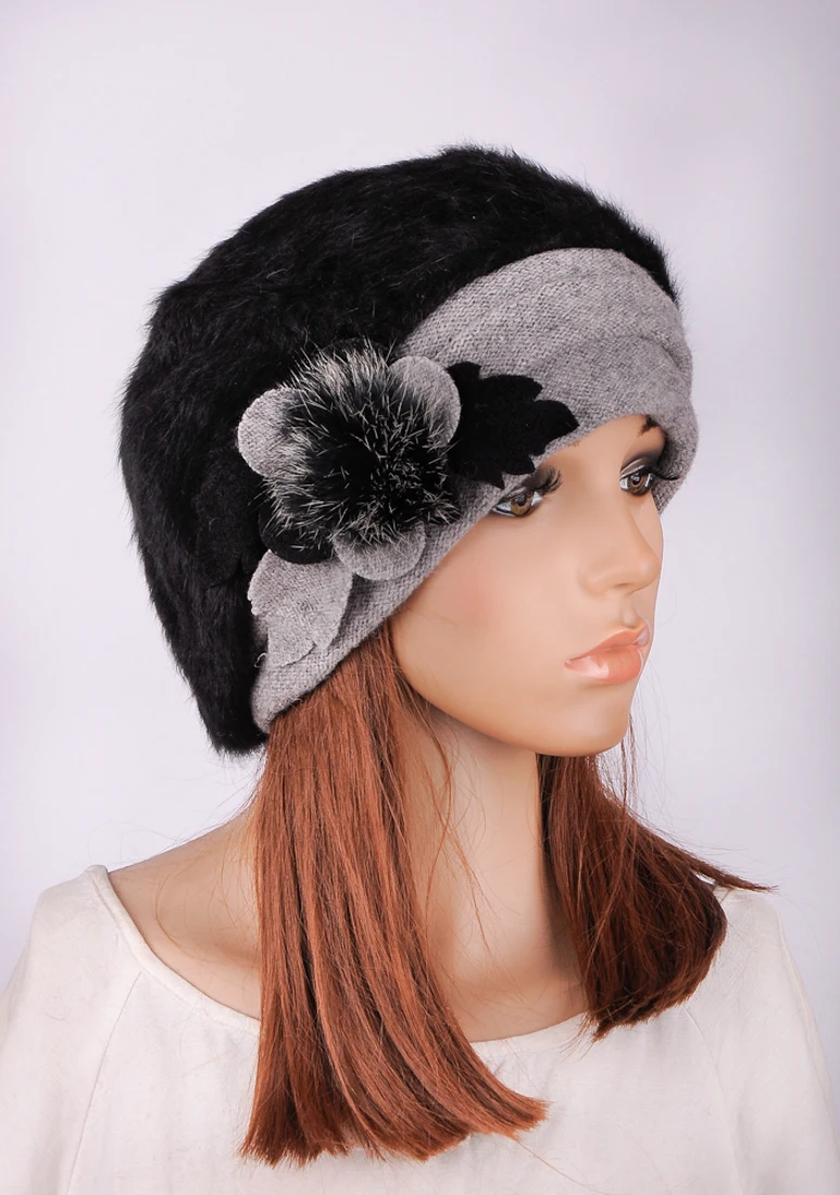 

M628 Fashion Womens Winter Warm Black Faux Rabbit Fur Wool Flower Gray Brim With PomPom Fur Cute Beret Hat Beanie Cap