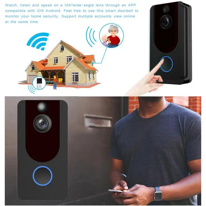 

V7 Wireless WIFI 1080P Video Doorbell HD Security Camera Real Time Video and Two Way Talk Night Vision PIR Motion Detection App