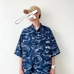 Мужская рубашка 2019 лето новый лацкан Тонкий Harajuku стиль Рыба печати с коротким рукавом рубашка личность красивый Молодежный повседневная