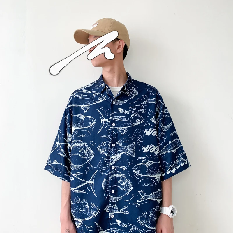 

Men's Shirt 2019 Summer New Lapel Slim Harajuku Style Fish Print Short Sleeve Shirt Personality Handsome Youth Casual Men's Wear