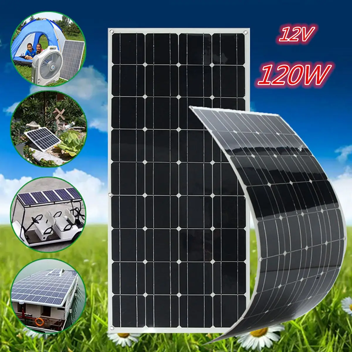 

12V 120W Flexible Solar Panel Plate Solar Charger for Car Battery Charging 18V Monocrystalline Cell Module For Hause,Roof,Boat