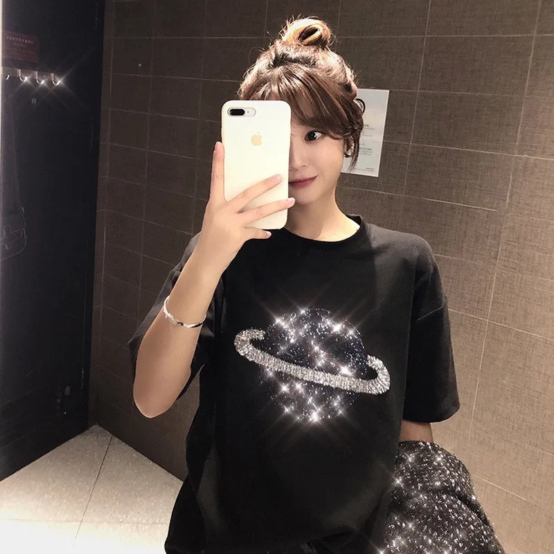Женская футболка с блестками Harajuku Planet белая и черная уличная коротким рукавом