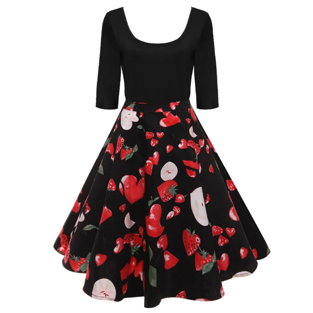 

Joineles Strawberry Print Vintage Party Dress Women Spring Summer Pin Up Dress Casual Sundress Hepburn Rockabilly Vestidos Mujer