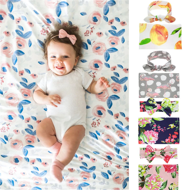 2 шт. обертывание новорожденных+ повязка на голову новорожденного Фотография цветочный принт хлопок мягкое одеяло бутафория для фото простыня для новорождённого высокого качества