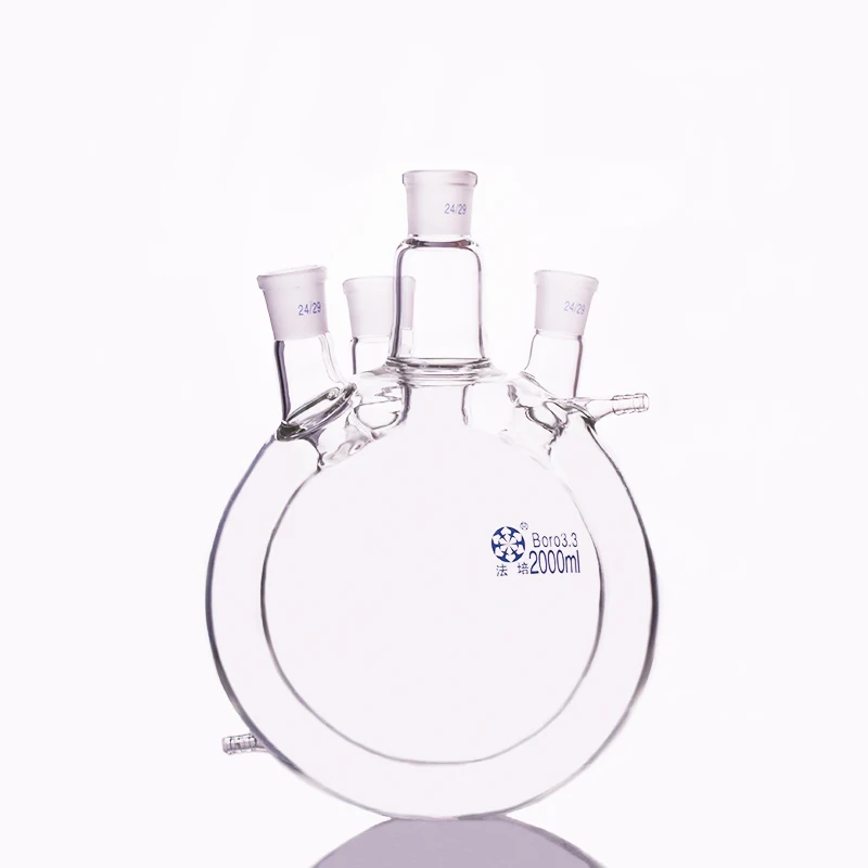 Double-deck spherical four icro oblique necks round bottom flask Capacity 2000ml Joint 24/29 Mezzanine jacketed reactor bottle | Канцтовары