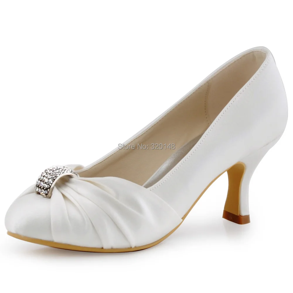 

White Shoes Woman Shoes Mid Heel Wedding Bridal Shoes Rhinestone Closed Toe Satin Bride Ladies Prom Party Dress Pumps HC1526