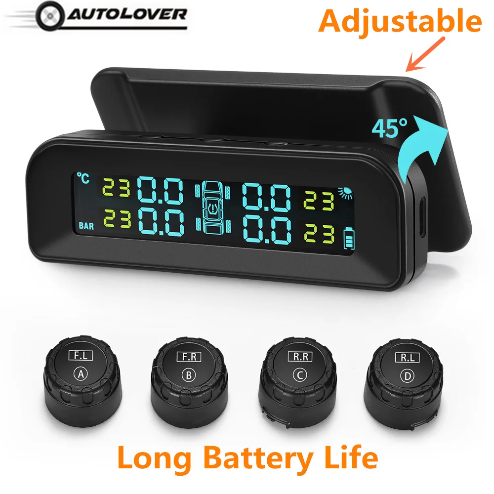 

AutoLover C260 Tire Pressure Monitoring System Solar TPMS Real-time Monitor Angle-adjustable LCD Screen with 4 External Sensors