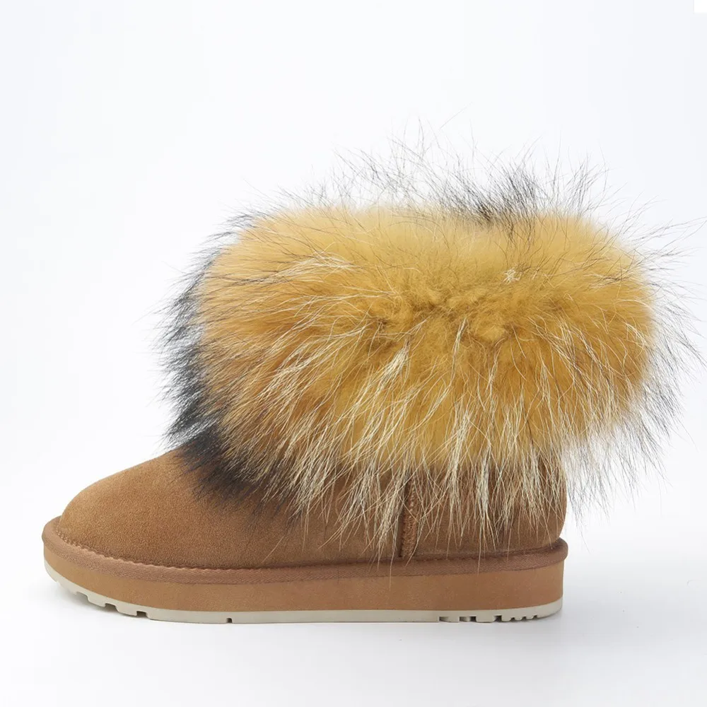 

cow suede leather real big fox fur short ankle women winter snow boots for women winter shoes black brown non-slip sole