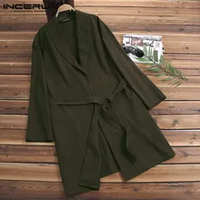 INCERUN мужские пижамы халаты с длинным рукавом хлопковые свободные однотонные кимоно халат Повседневная Домашняя одежда винтажная Мужская Ночная рубашка ночное белье