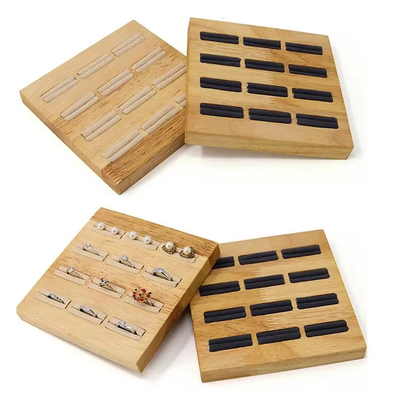 

Solid Wood Jewelry Display Stand 12 Slots Wooden Storage Board Rings Earrings Holder Showcase