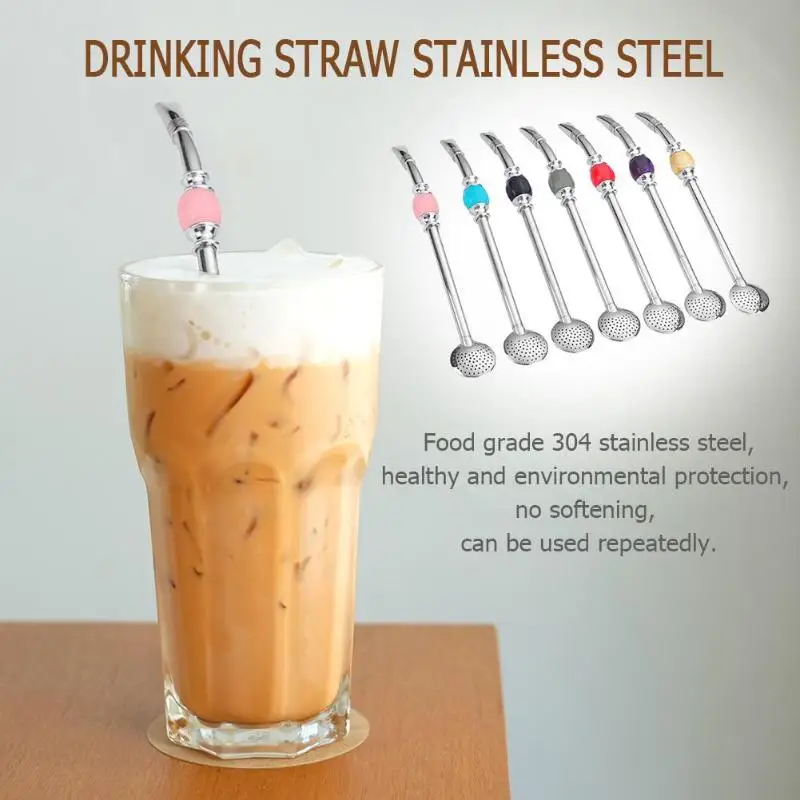 Stainless Steel Straw Argentina Mate Tea Drinking Straws Spoon with Brush 7 Colorsin Drinking