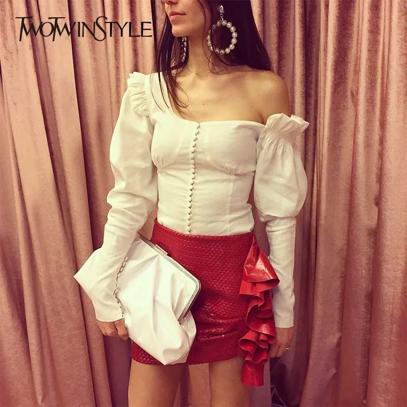 

TWOTWINSTYLE Sexy Off Shoulder Shirts Blouses Female Puff Long Sleeve Patchwork Ruffle Womens Shirt Blouse 2019 Elegant Fashion