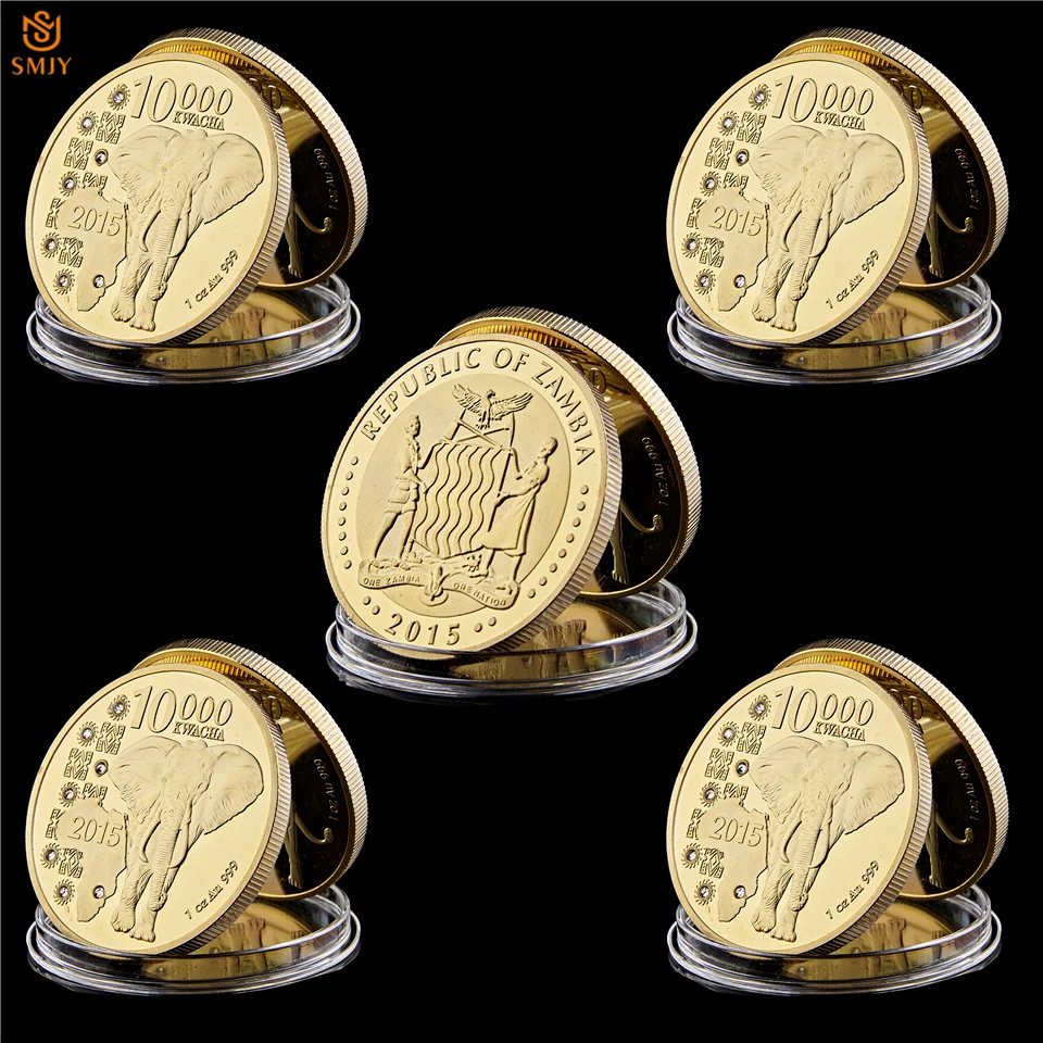 

5Pcs/Lot Replica Gift Free Shipping 1oz Souvenir Zambia African Elephant Pattern 999 Fine Gilded Bar Wild Animal Coin Collection