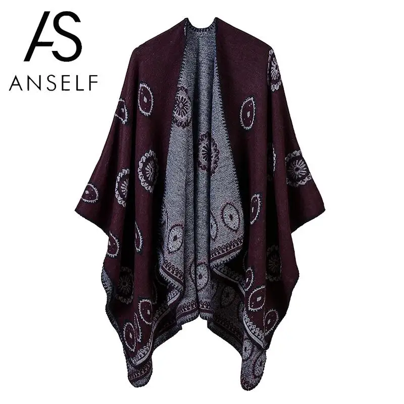 

Winter Women Casual Shawl Poncho Soft Faux Cashmere Retro Floral Patterns Cardigan Open Front Oversized Long Warm Elegant Cape