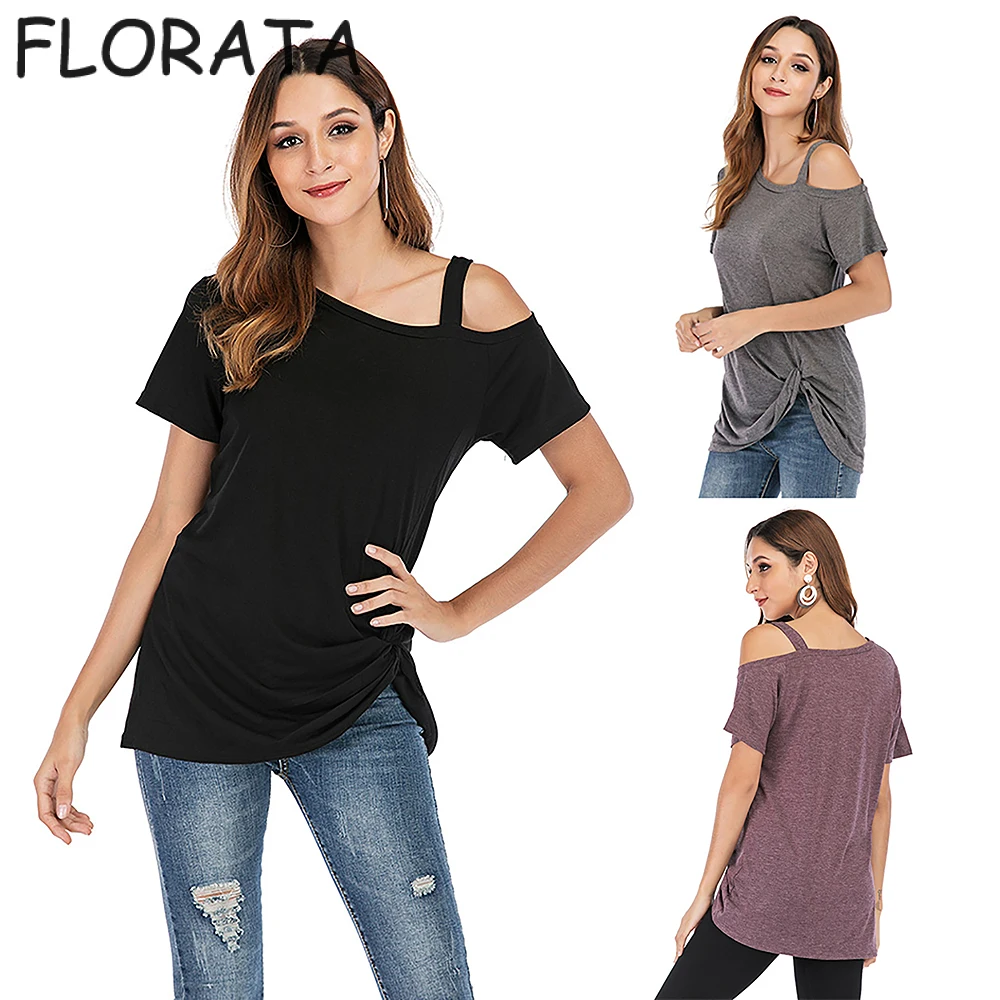 

FLORATA Women's Shirts Cold Shoulder Tops Summer Short Sleeve Casual Fashion Knot Twist Front T-Shirt S-2XL