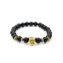 Натуральный черная бусина браслет с головой леопарда на бусы мужской браслет