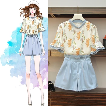 

summer short sleeve printed chiffon blouse top & wide-legged short blue pants suit casual shorts 2 pcs clothing set women outfit