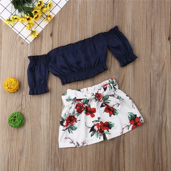 

Baby Girls clothes Off Shoulder solid short sleeve pullover Tops Floral print bow Shorts 2pc kids Toddler lovely cotton Outfits