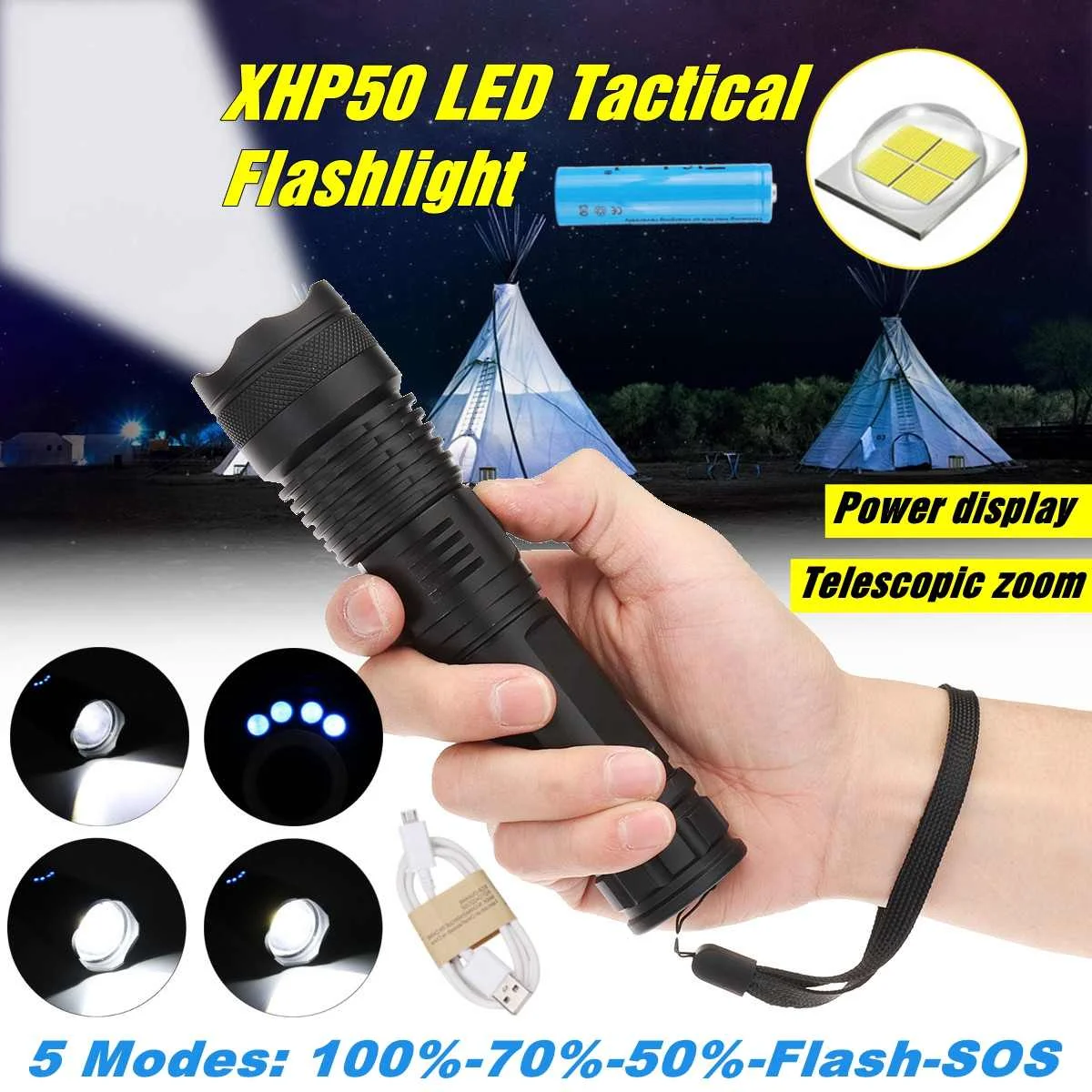 

20w Powerful Flashlight 3000lm XHP50 LED Flash Light Torch Tactical Zoom Hunting Lantern Headlight 18650 Battery Indicator