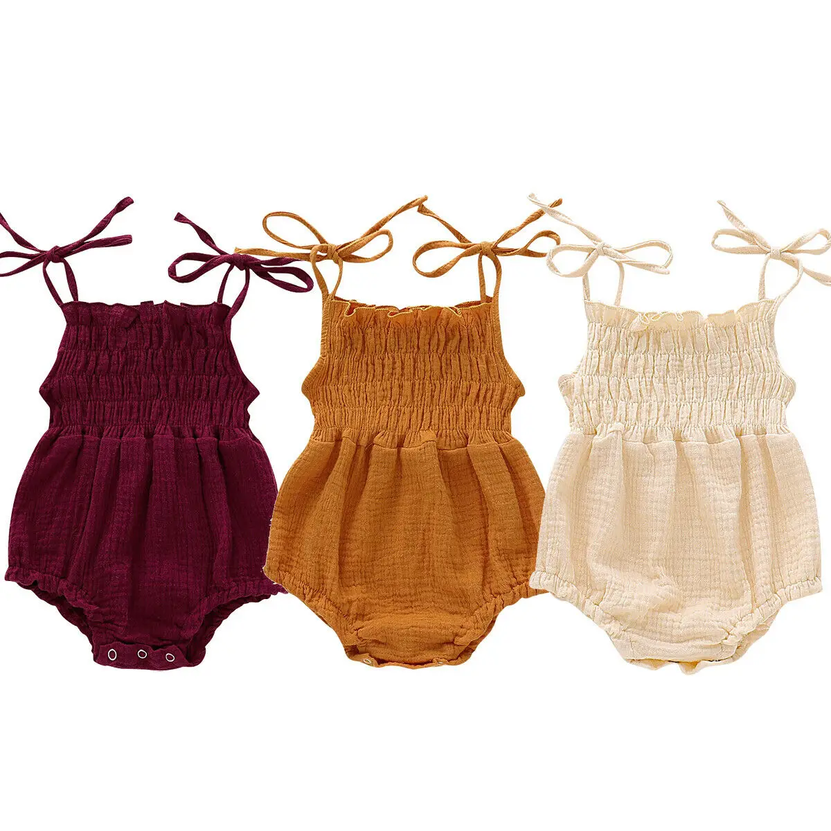 فتيات صغيرات يتدربن على المشي حزام الصلبة الكتان رومبير الرسن بذلة كشكش أكمام Playsuit الرضع ملابس الصيف الملابس