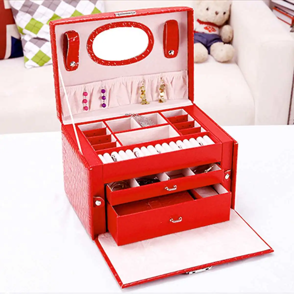 

Portable Desktop Cosmetic Storage Box With Mirror Jewelry Makeup Organizer Storage Boxes Travel Cosmetic Storage Case Suitcases