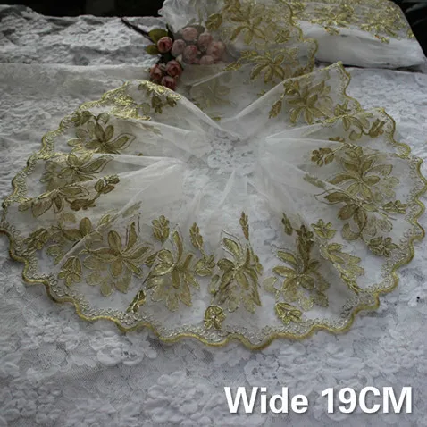 

19CM Wide Delicate Golden Organza Lace Fabric Embroidered Ribbon Collar Applique Guipure Trim Wedding Dress Curtains DIY Sewing