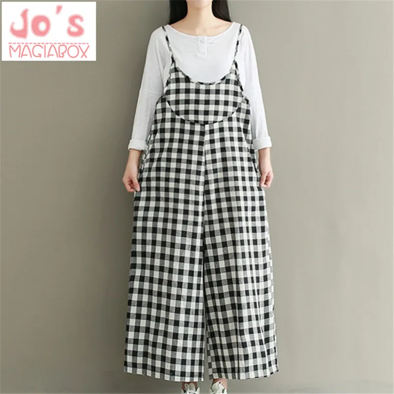

Korean Ladies Plaid Wide Leg Rompers Womens Loose Jumpsuit Overalls Casual Sleeveless Ankle-Length Jumpsuits Elegant Pants