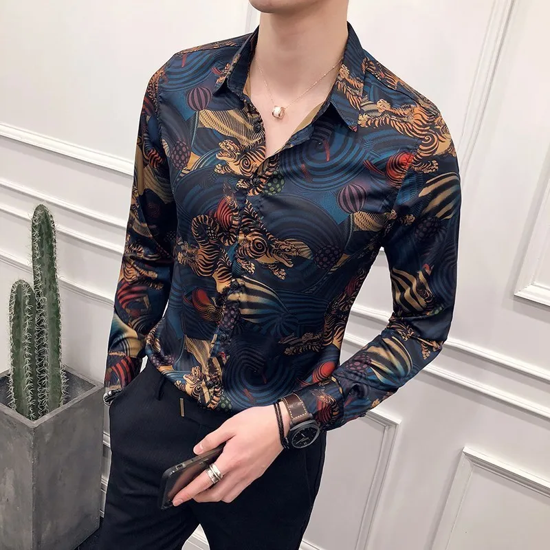 Мужская рубашка с принтом животных, Chemise HommeSlim Fit, рубашка с длинными рукавами, Camisa Masculina, синяя, для мужчин, для клуба, для выпускного,, весна