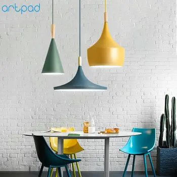 Artpad Modern Nordic Iron Pendant Lights Lampshade E27 Ceiling Hanging Lamp Dining Room Hotel Bedroom Kitchen Lighting Fixtures artpad nordic multi color ceiling pendant lamp two three heads e27 metal lamp shade led dining room modern pendant light fixture