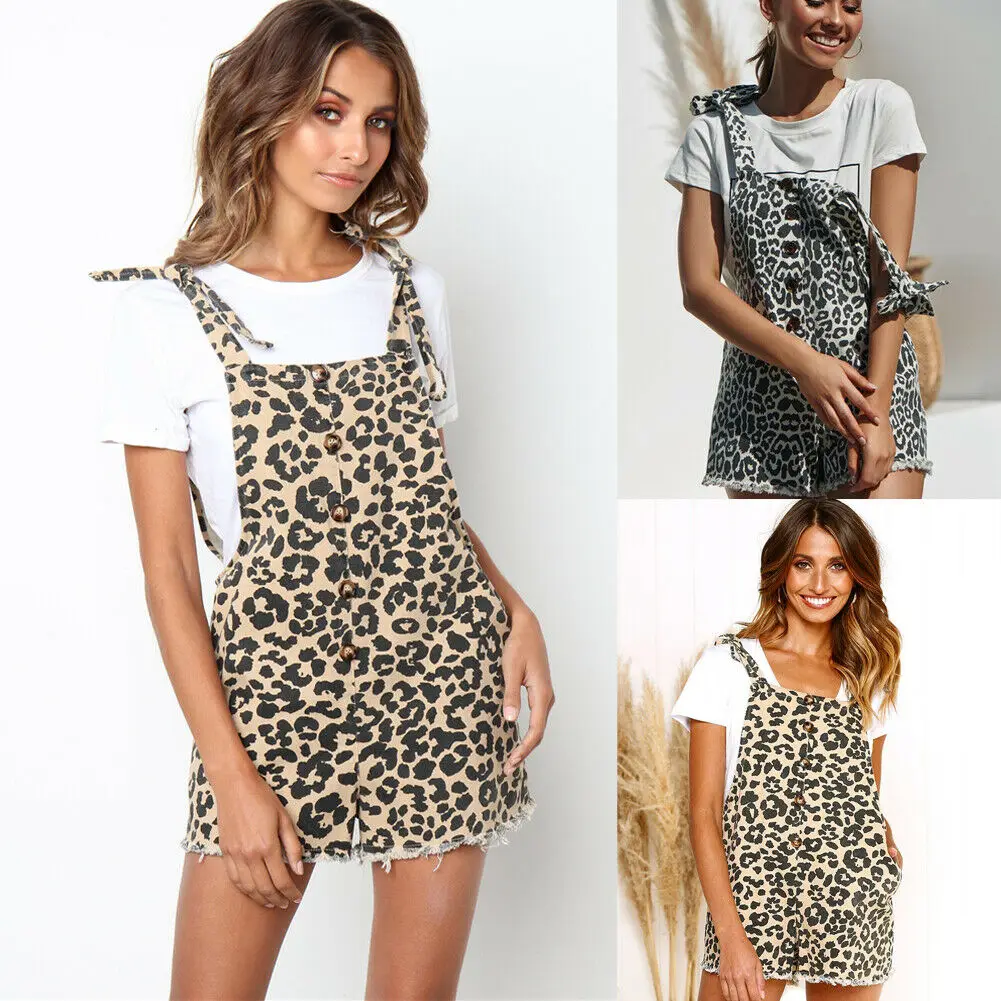 

Hot Sale Womens Casual Leopard Print Button Straps Overall Pants Romper Suspender Pocket Playsuit Clothes