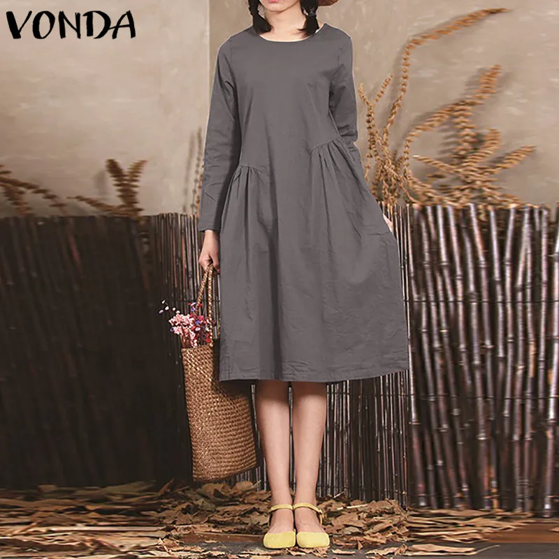 

VONDA 2019 Autumn Pregnant Vintage Linen Dress Women Crew Neck Long Sleeve Loose Casual Maternity Shirt Pleated Dress Large Size