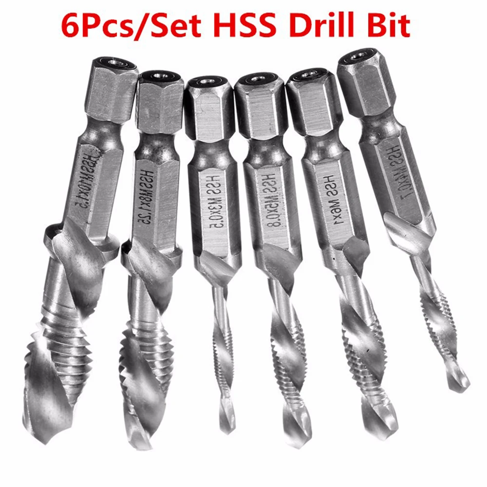 

6Pcs/Set 1Pc 2 In 1 1/4" Hex Shank HSS Metric Right Hand Screw Thread Tap Taper & Drill Bits M10