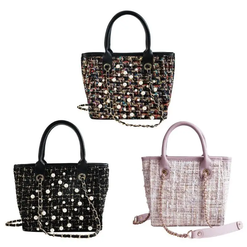 

2019 Winter New Handbags Vintage Plaid Wool Pearls Bag Girls Totes Retro Messenger Bags Crossbody Shoulder Bags Bolsa Feminina